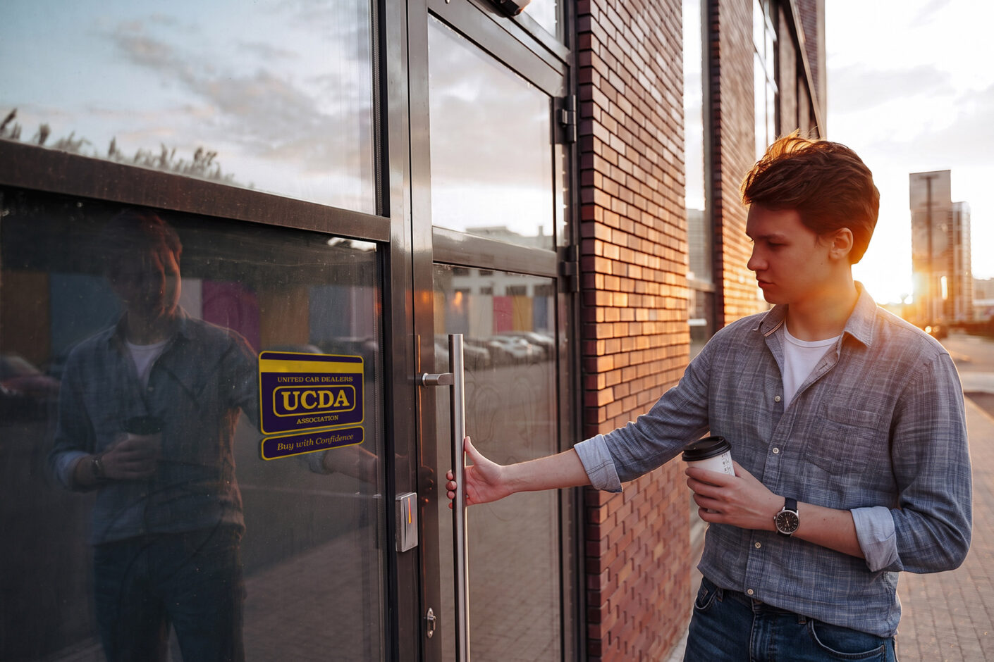 Man walks up to a used car dealership’s door showing the blue UCDA sign