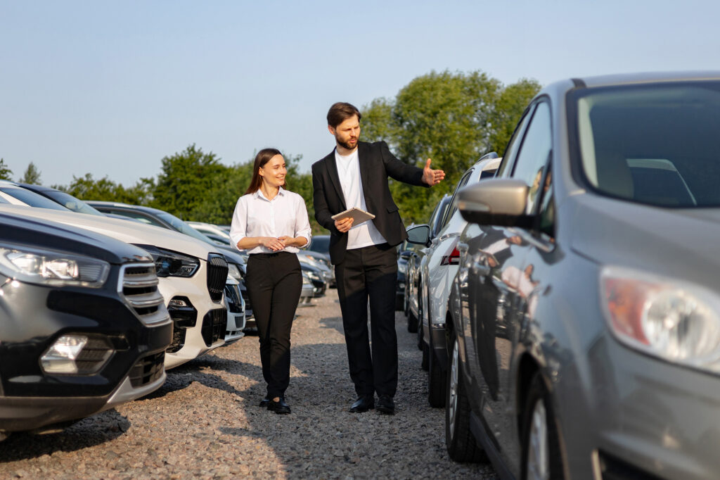 A salesman shows used vehicles in a parking lot to a young woman